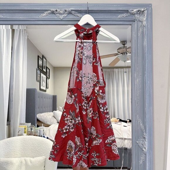 Audrey 3+1 Halter Mini Dress‎ Floral Maroon Pattern High Neck Fit n' Flare M - Picture 2 of 7